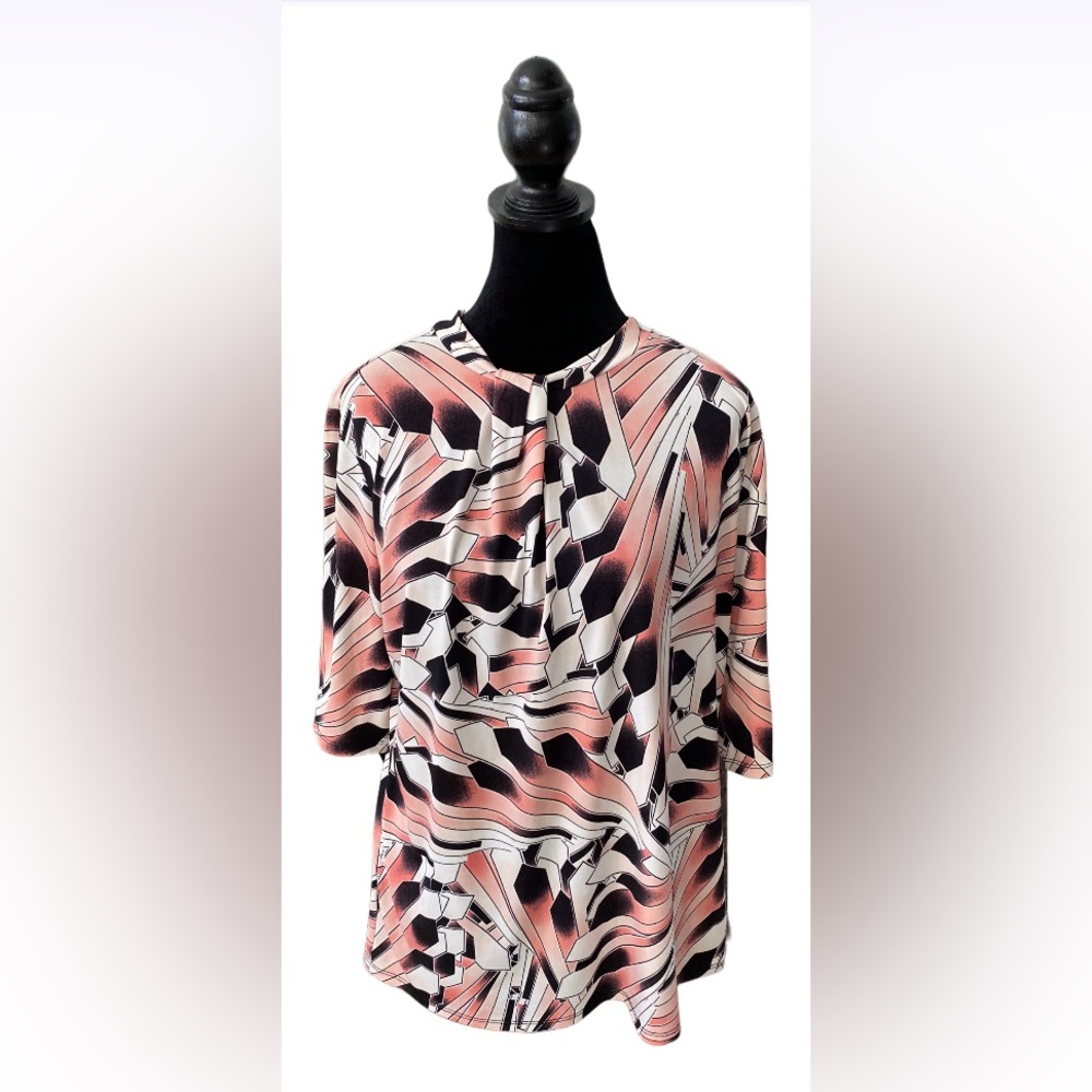 Worthington: Pink, White and Faded Black Blouse with Key Hole Back